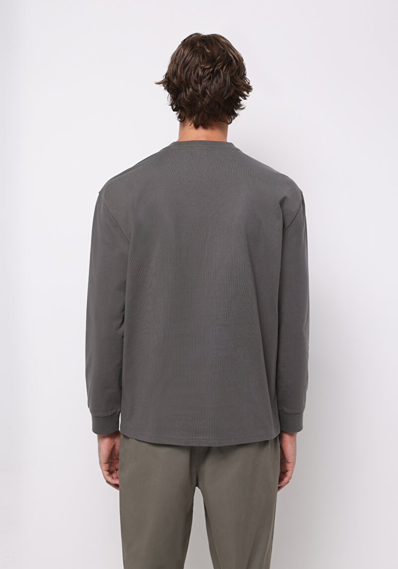 Comfort Fit Yuvarlak Yaka Düz Erkek Gri Uzun Kol Tişört