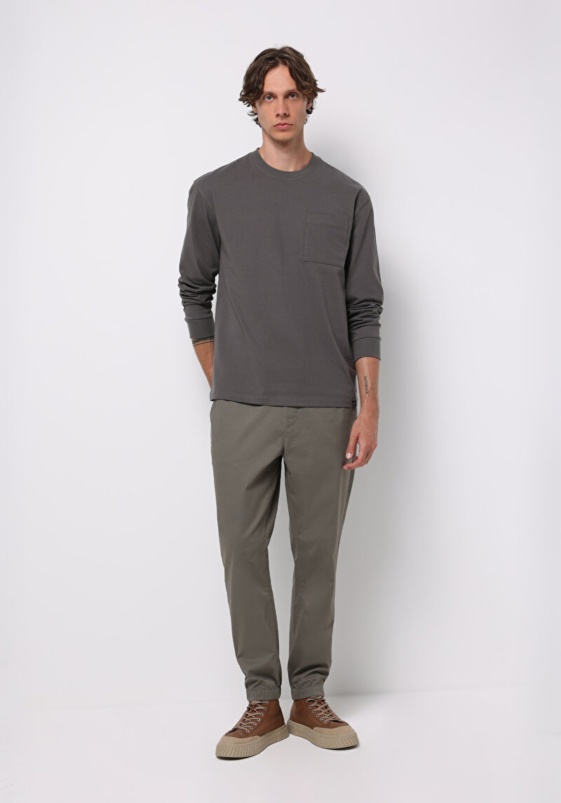 Comfort Fit Yuvarlak Yaka Düz Erkek Gri Uzun Kol Tişört