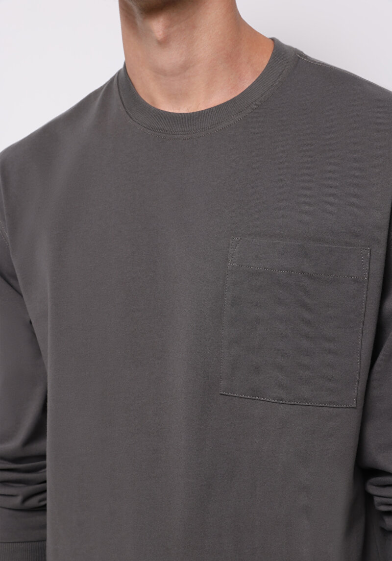 Comfort Fit Yuvarlak Yaka Düz Erkek Gri Uzun Kol Tişört