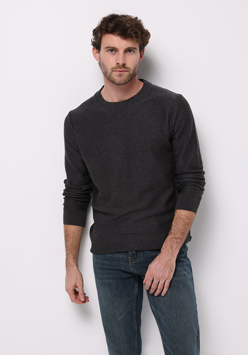 Regular Fit Yuvarlak Yaka Jakarlı Erkek Antrasit Kazak