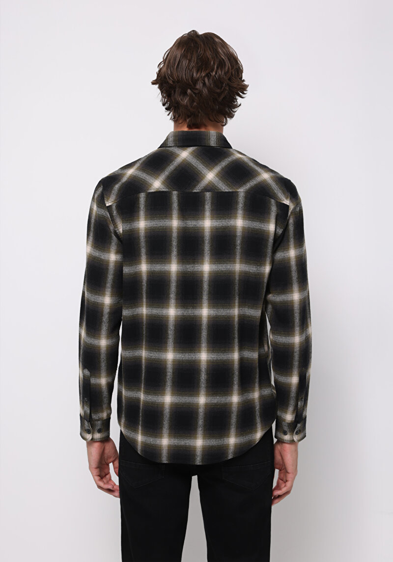 Regular Fit Shirt Neck Ekoseli Erkek Yeşil Uzun Kol Gömlek