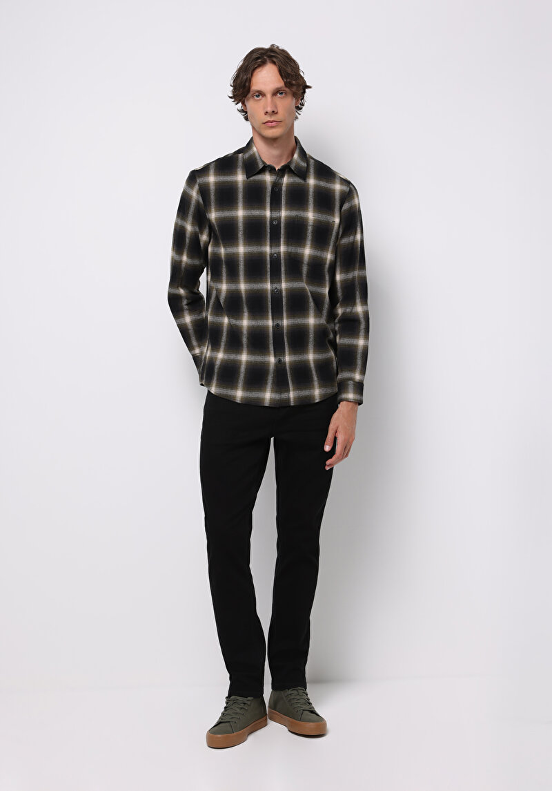 Regular Fit Shirt Neck Ekoseli Erkek Yeşil Uzun Kol Gömlek