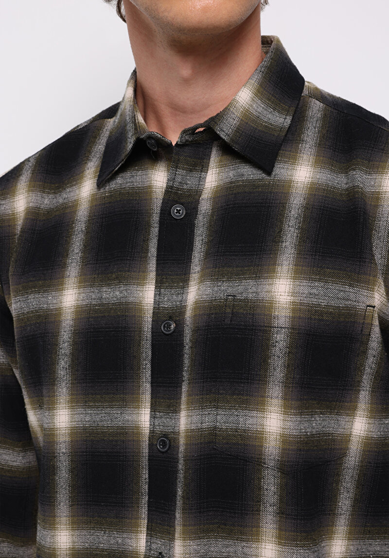 Regular Fit Shirt Neck Ekoseli Erkek Yeşil Uzun Kol Gömlek