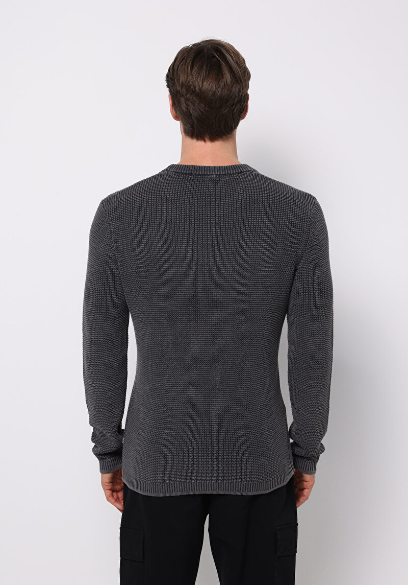 Regular Fit Yuvarlak Yaka Jakarlı Erkek Antrasit Kazak