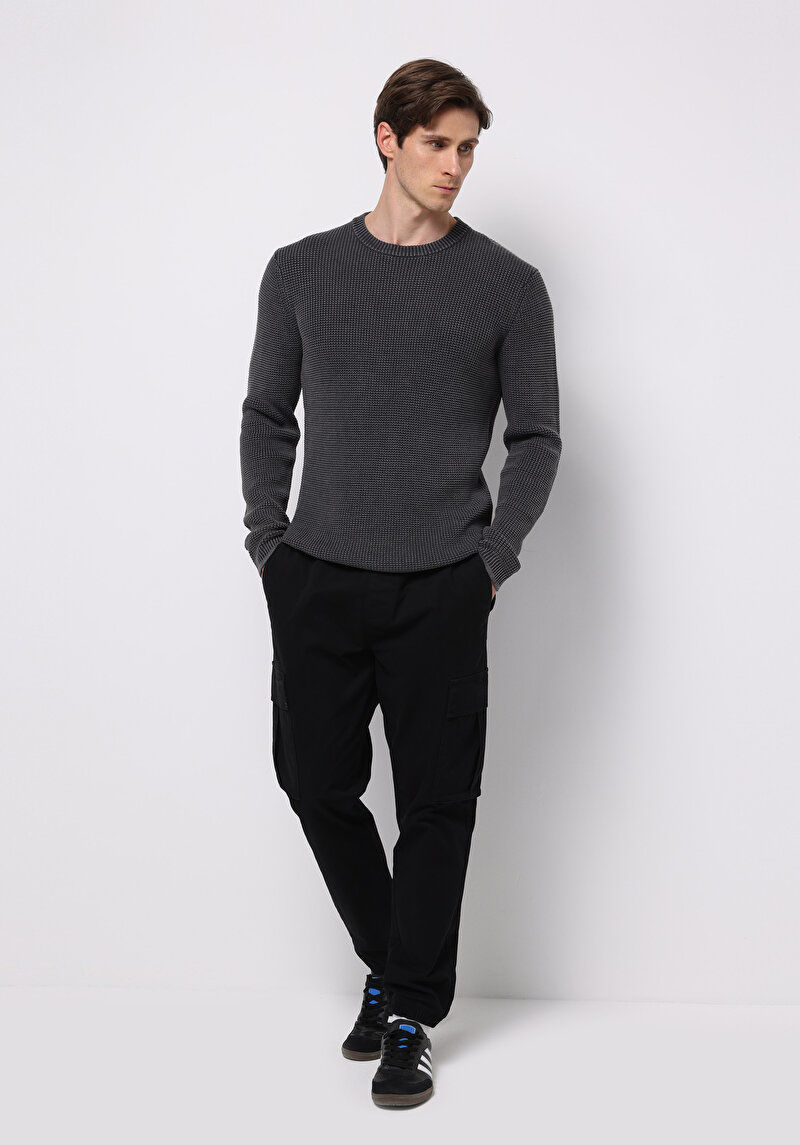 Regular Fit Yuvarlak Yaka Jakarlı Erkek Antrasit Kazak