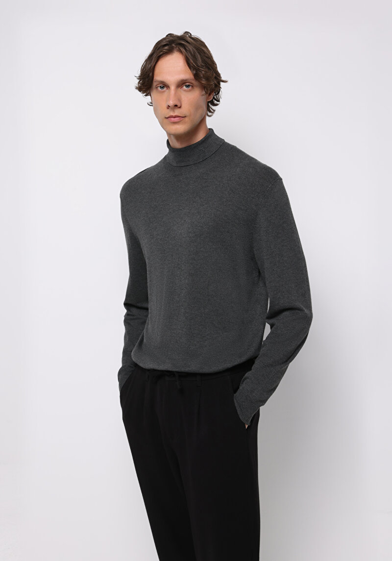 Regular Fit Turtle Neck Jakarlı Erkek Antrasit Kazak