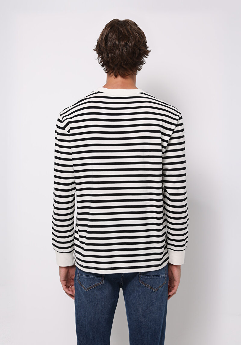 Comfort Fit Yuvarlak Yaka Çizgili Erkek Siyah Uzun Kol Tişört