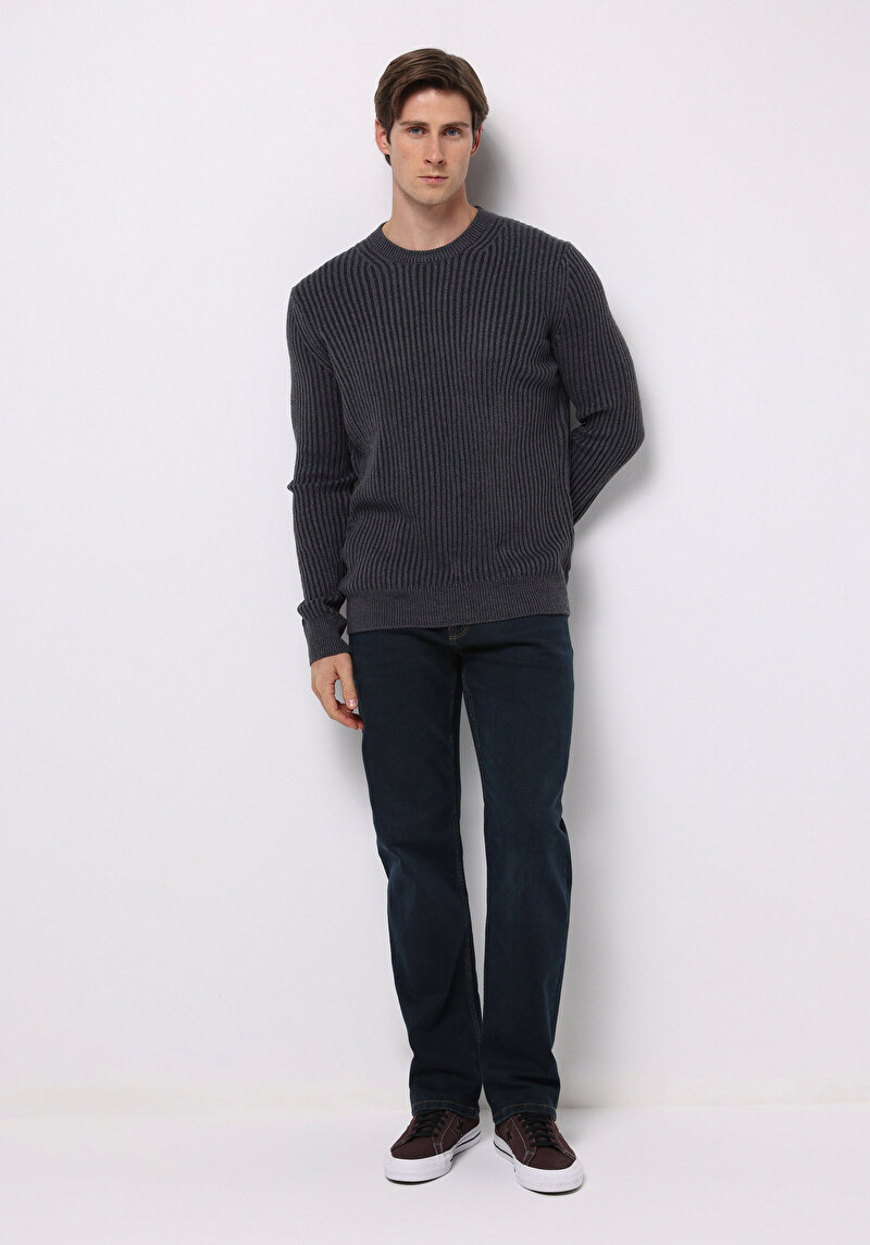 Regular Fit Yuvarlak Yaka Jakarlı Erkek Lacivert Kazak