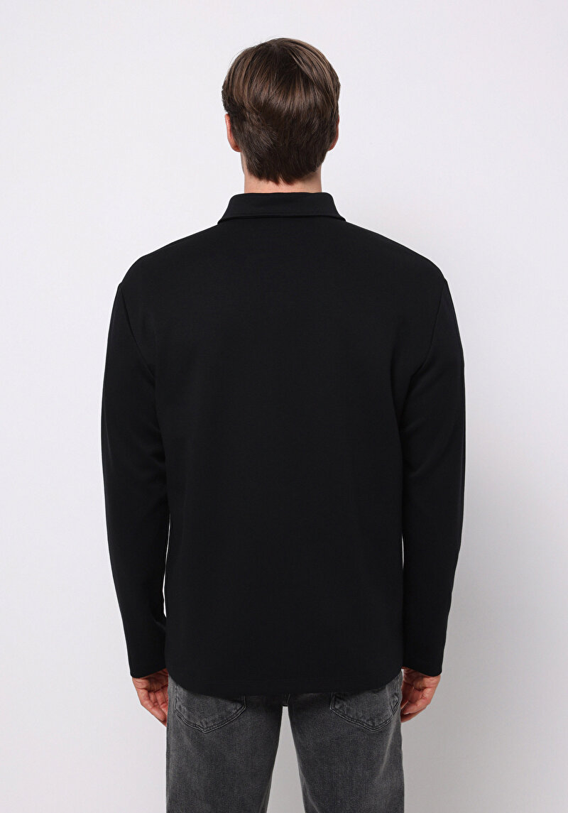 Comfort Fit Polo Yaka Düz Erkek Siyah Uzun Kol Tişört