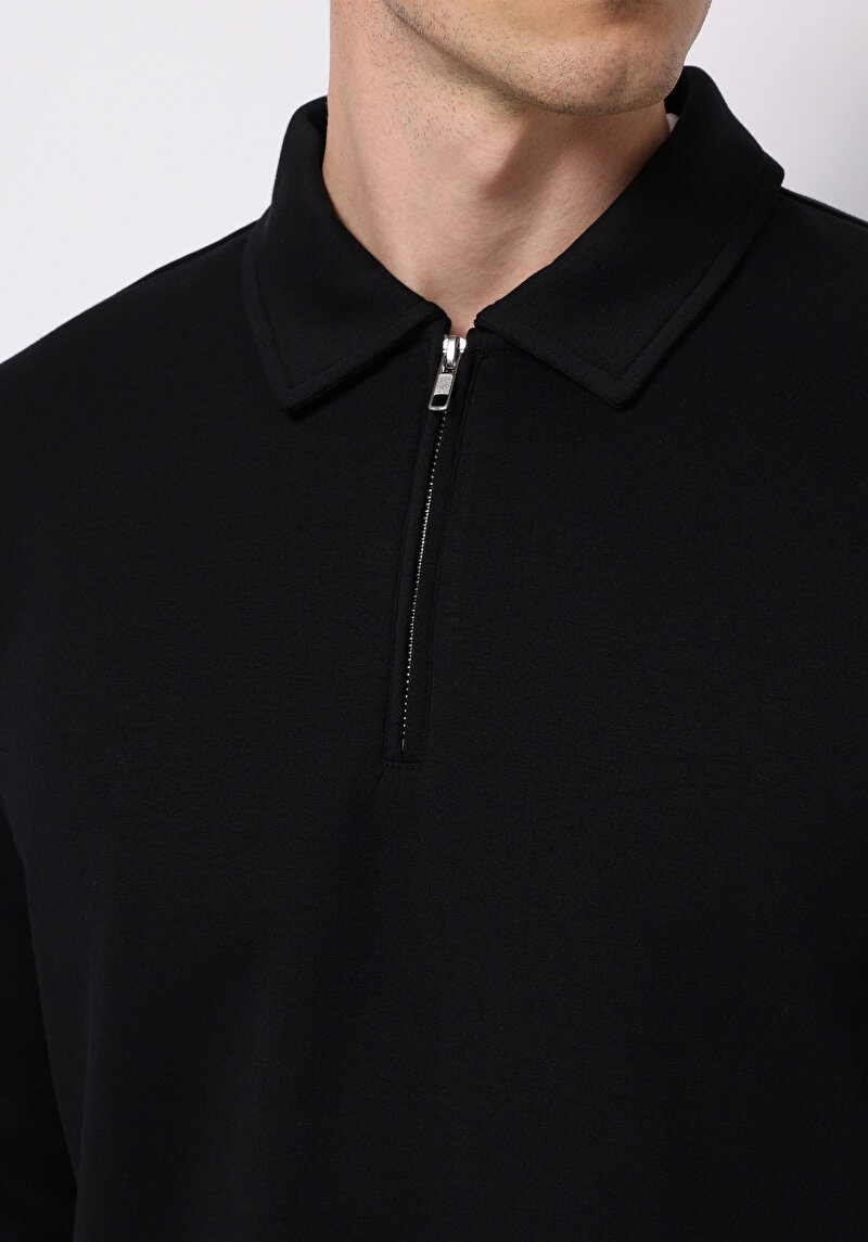 Comfort Fit Polo Yaka Düz Erkek Siyah Uzun Kol Tişört