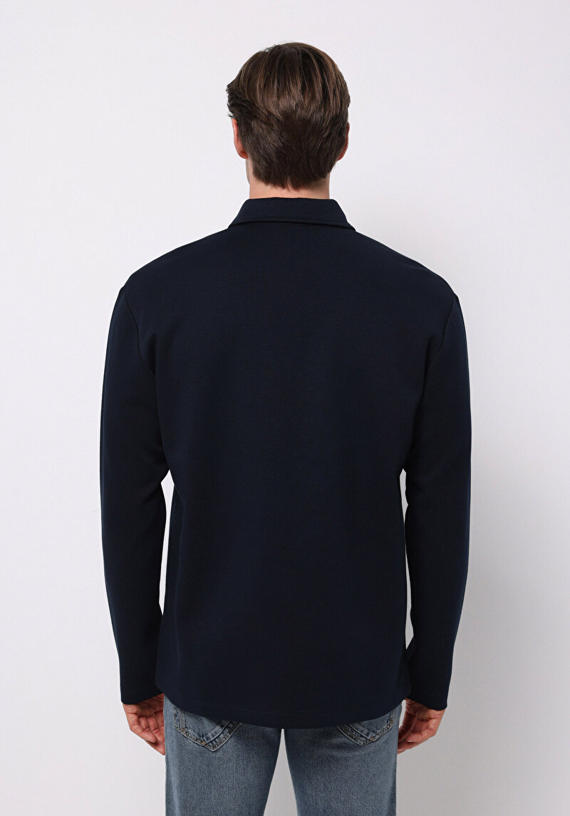 Comfort Fit Polo Yaka Düz Erkek Lacivert Uzun Kol Tişört