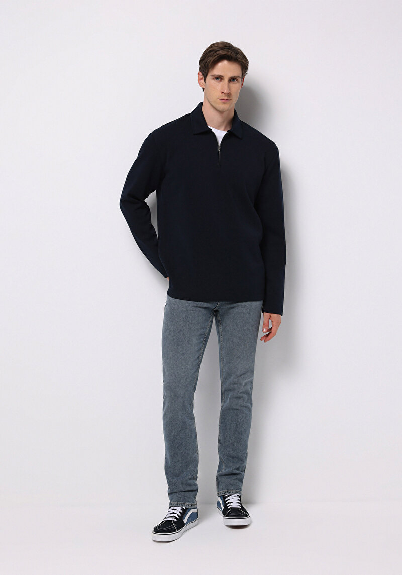 Comfort Fit Polo Yaka Düz Erkek Lacivert Uzun Kol Tişört