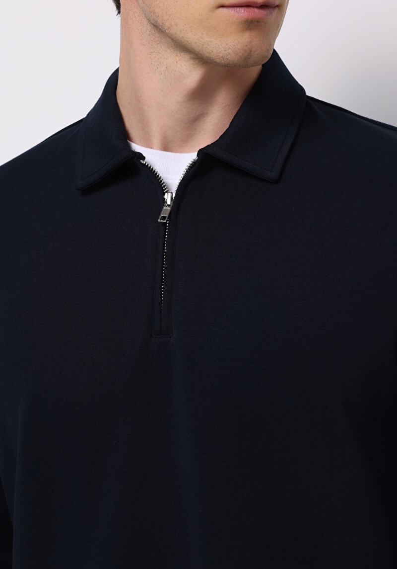 Comfort Fit Polo Yaka Düz Erkek Lacivert Uzun Kol Tişört