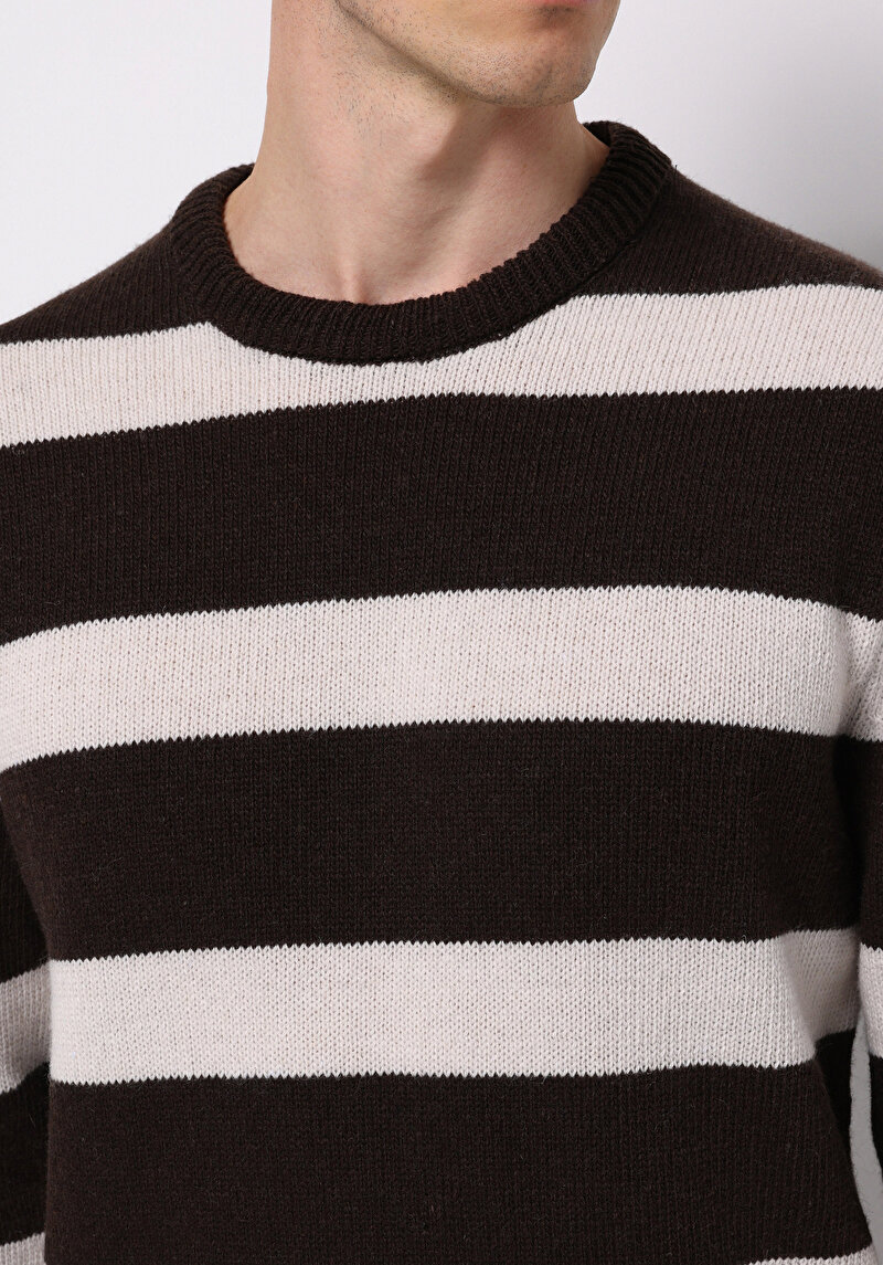 Regular Fit Yuvarlak Yaka Jakarlı Erkek Kahverengi Kazak