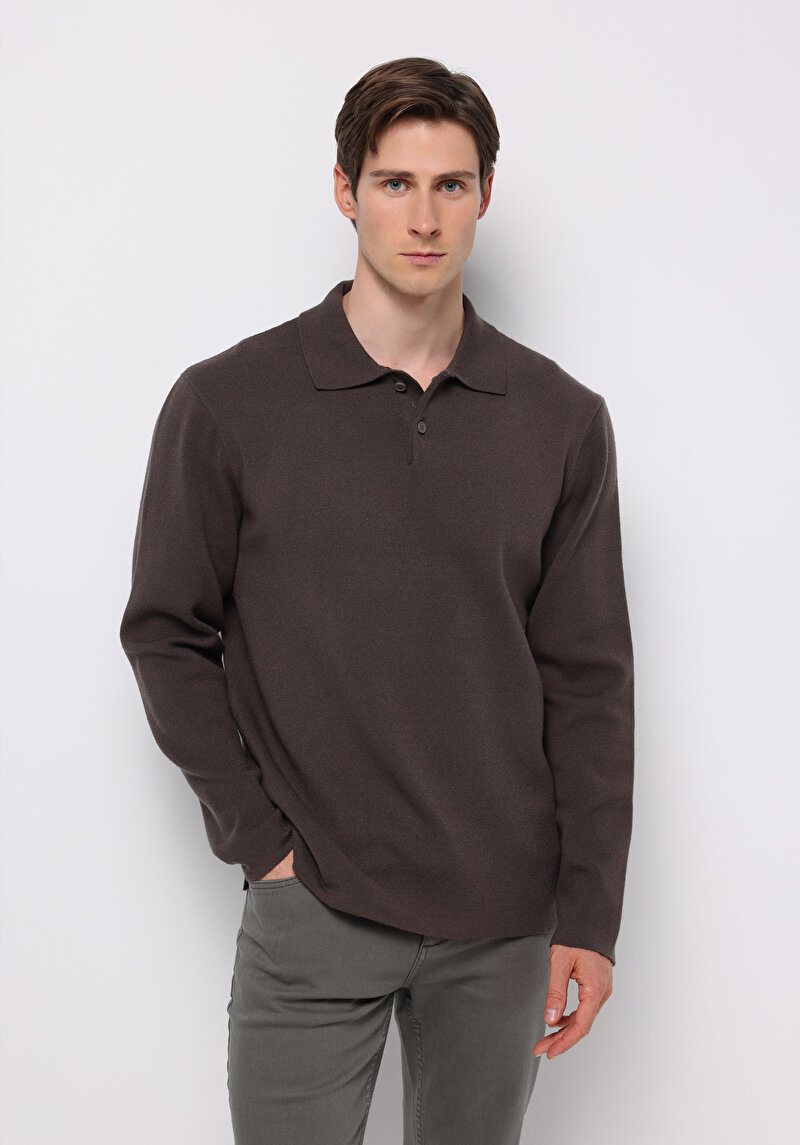Regular Fit Polo Yaka Jakarlı Erkek Kahverengi Kazak