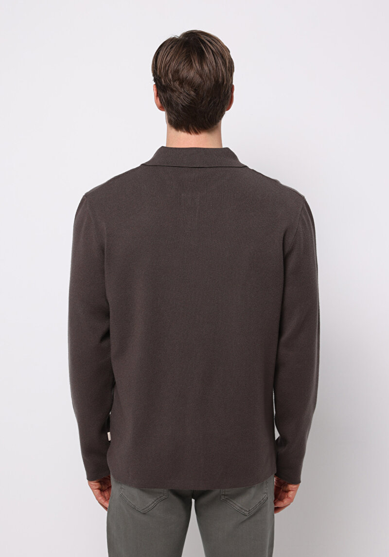 Regular Fit Polo Yaka Jakarlı Erkek Kahverengi Kazak