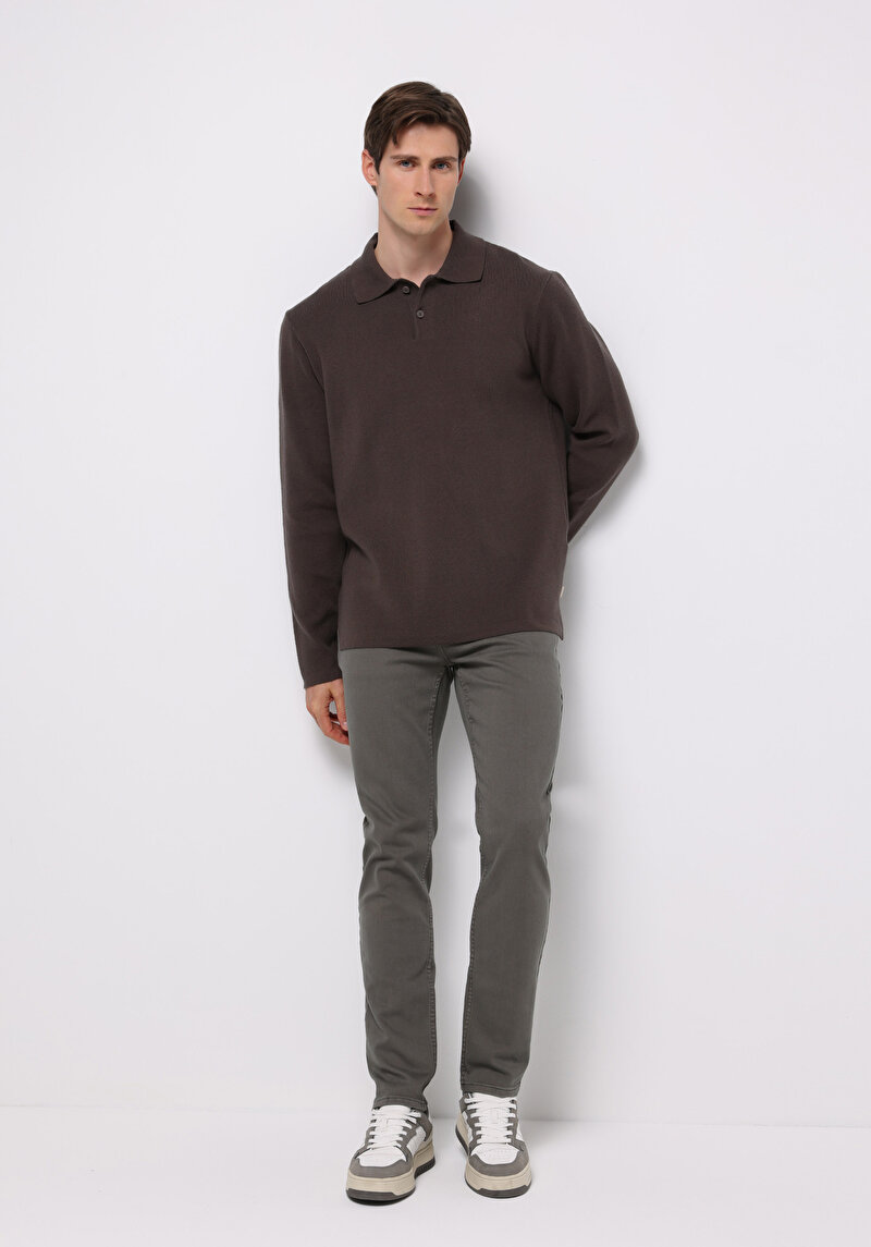 Regular Fit Polo Yaka Jakarlı Erkek Kahverengi Kazak