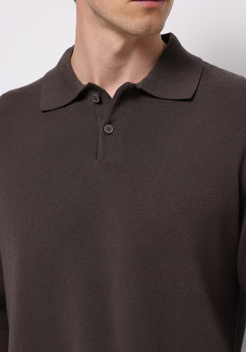 Regular Fit Polo Yaka Jakarlı Erkek Kahverengi Kazak
