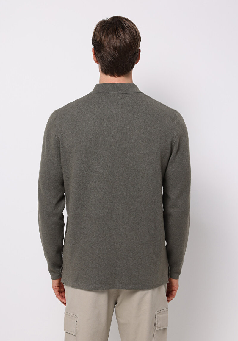 Regular Fit Polo Yaka Jakarlı Erkek Yeşil Kazak