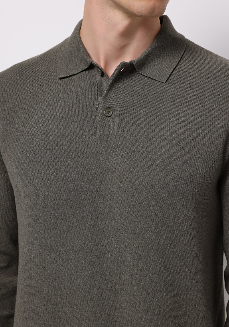 Regular Fit Polo Yaka Jakarlı Erkek Yeşil Kazak