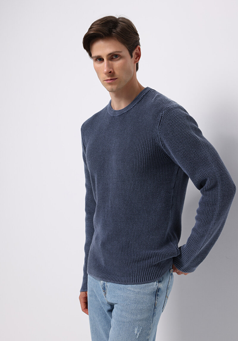 Regular Fit Yuvarlak Yaka Jakarlı Erkek Mavi Kazak