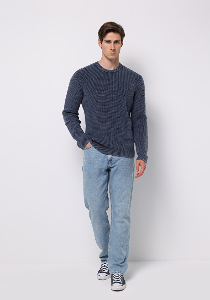 Regular Fit Yuvarlak Yaka Jakarlı Erkek Mavi Kazak