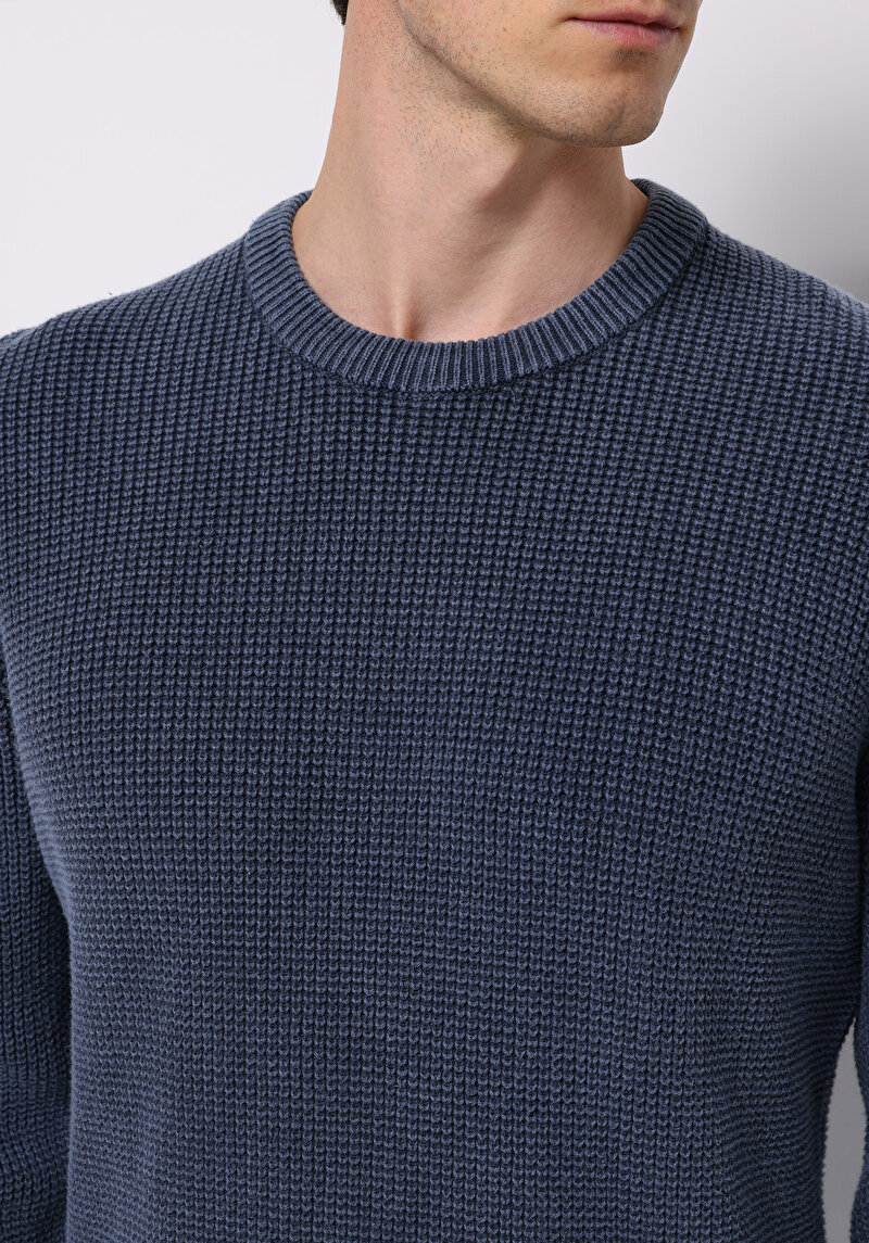 Regular Fit Yuvarlak Yaka Jakarlı Erkek Mavi Kazak