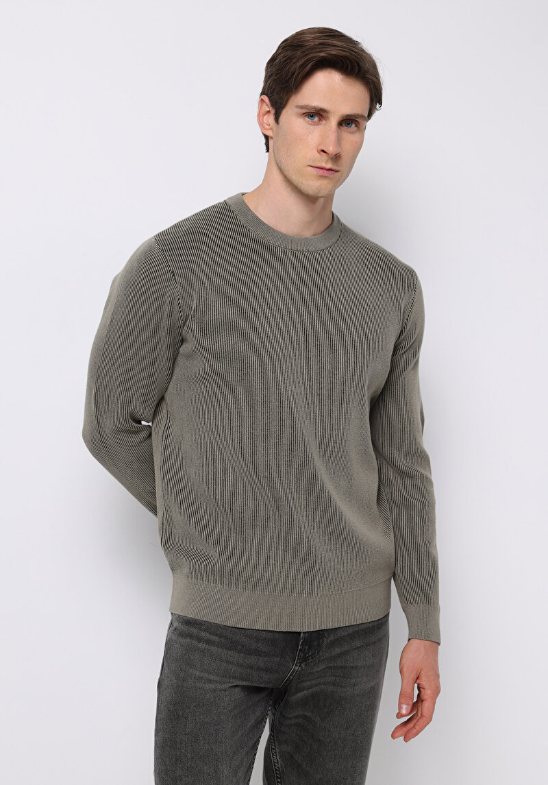 Regular Fit Yuvarlak Yaka Jakarlı Erkek Yeşil Kazak