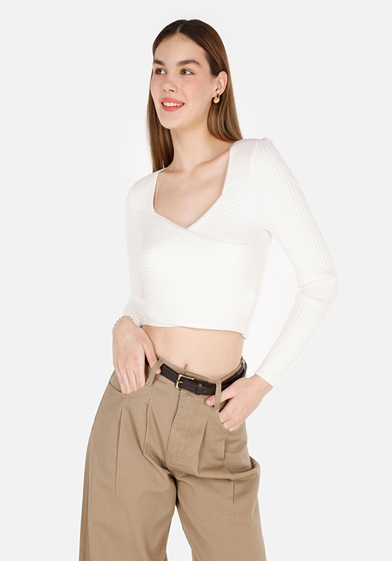 Slim Fit Kruvaze Kadın Beyaz Kazak