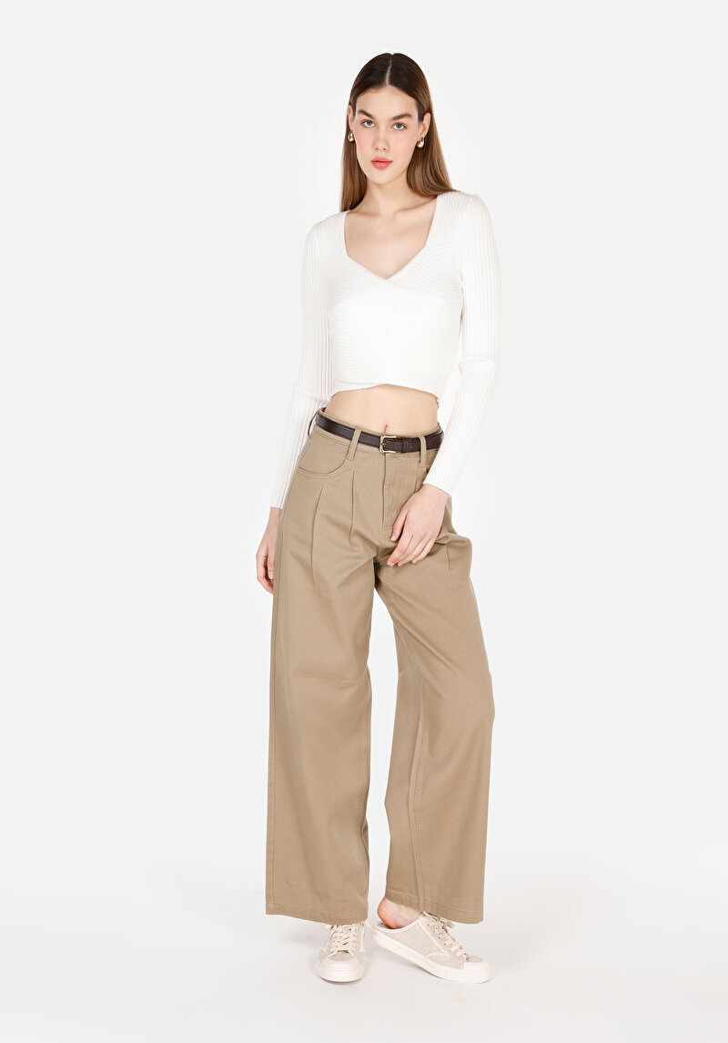 Slim Fit Kruvaze Kadın Beyaz Kazak