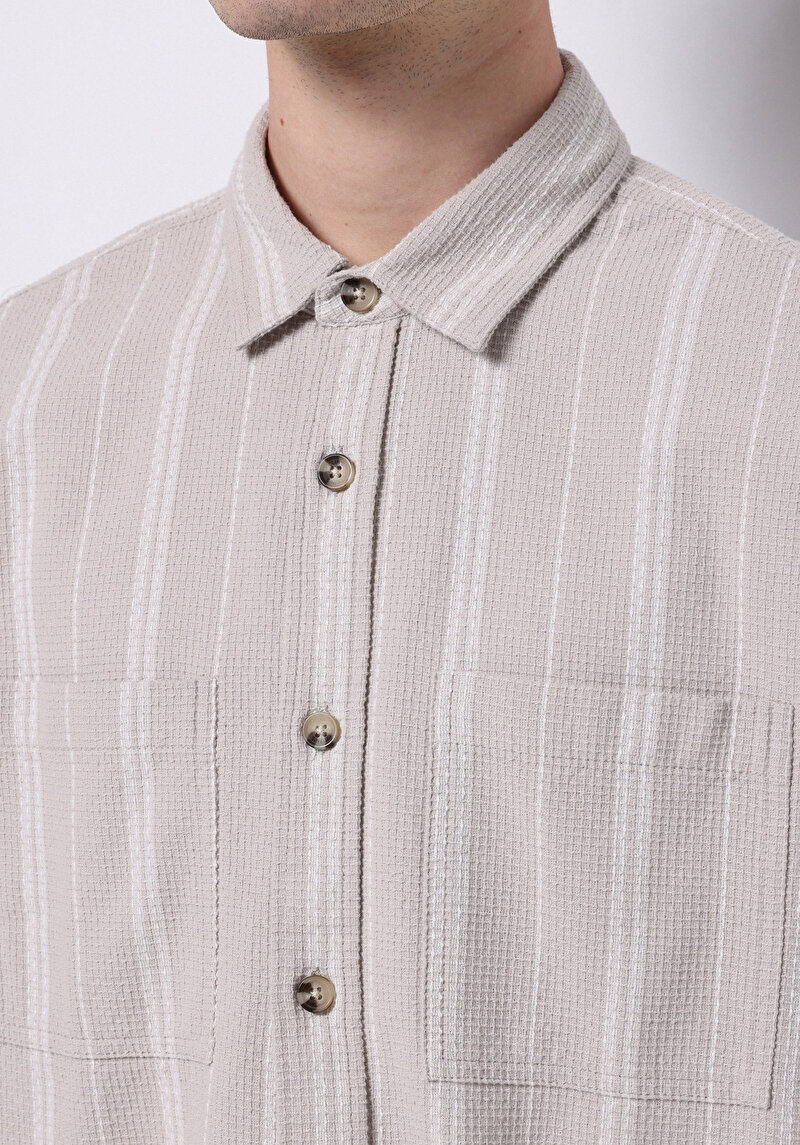 Regular Fit Shirt Neck Çizgili Erkek Bej Uzun Kol Gömlek