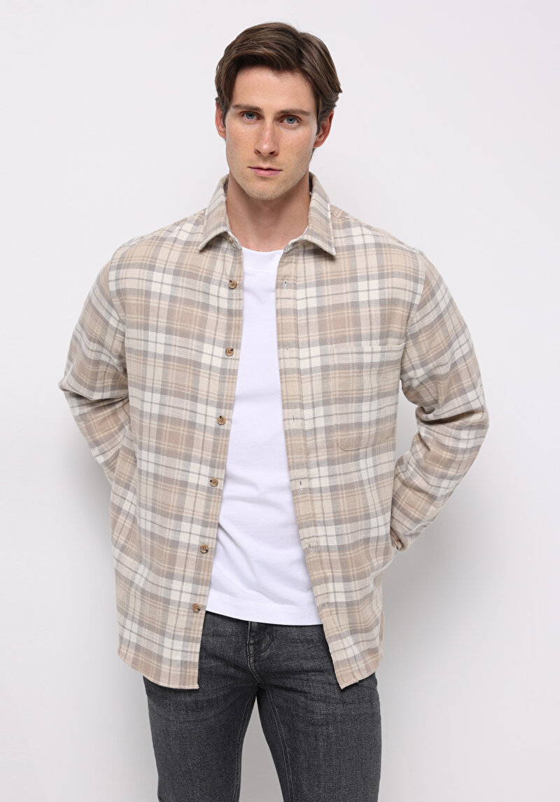 Regular Fit Shirt Neck Ekoseli Erkek Bej Uzun Kol Gömlek