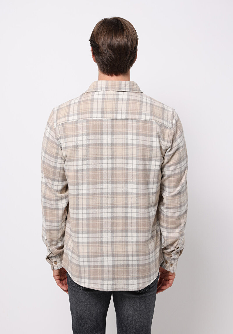 Regular Fit Shirt Neck Ekoseli Erkek Bej Uzun Kol Gömlek