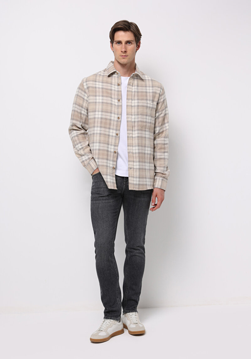 Regular Fit Shirt Neck Ekoseli Erkek Bej Uzun Kol Gömlek