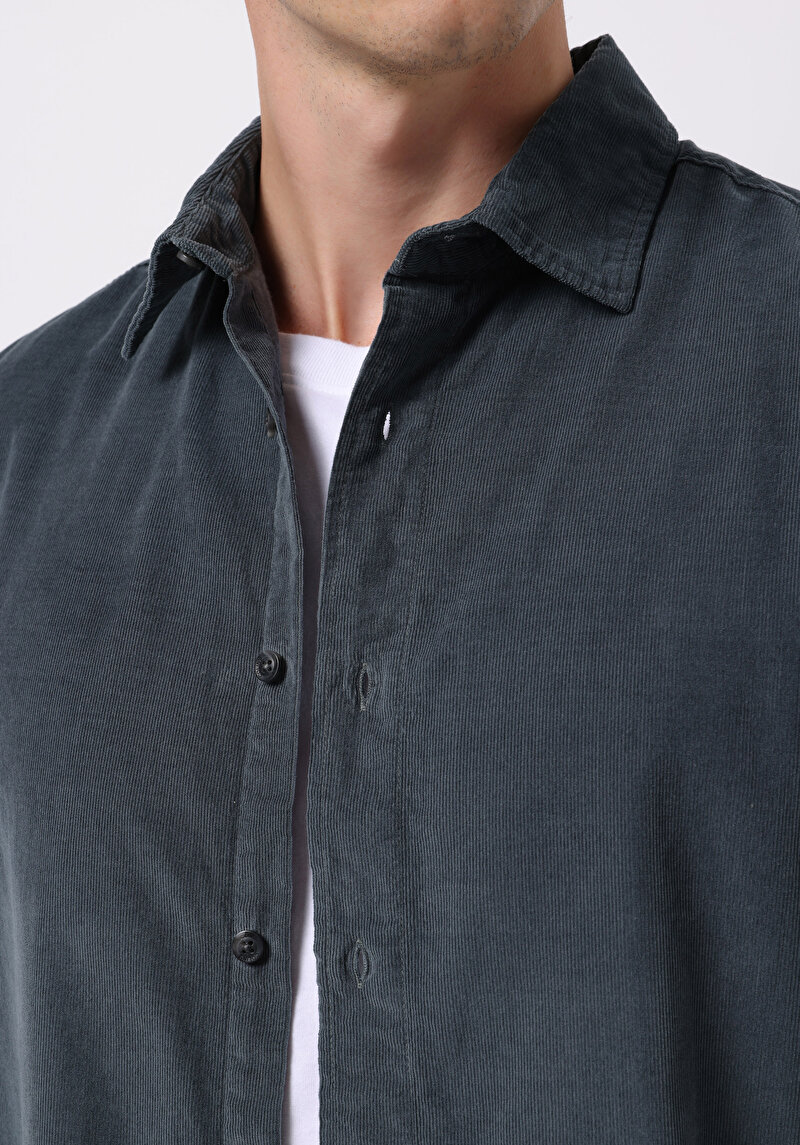 Regular Fit Shirt Neck Düz Erkek Yeşil Uzun Kol Gömlek