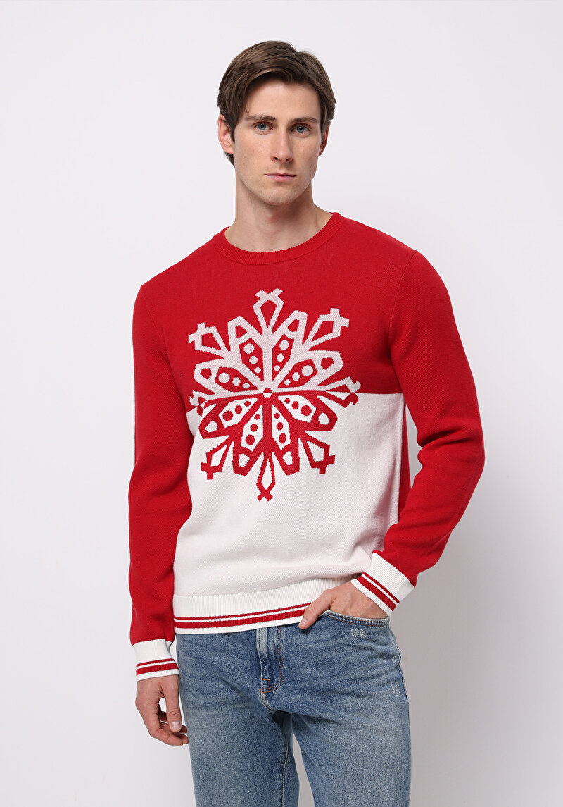 Regular Fit Yuvarlak Yaka Jakarlı Erkek Kirmizi Kazak