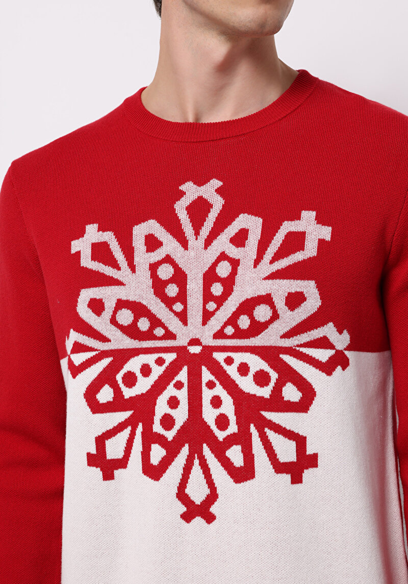 Regular Fit Yuvarlak Yaka Jakarlı Erkek Kirmizi Kazak