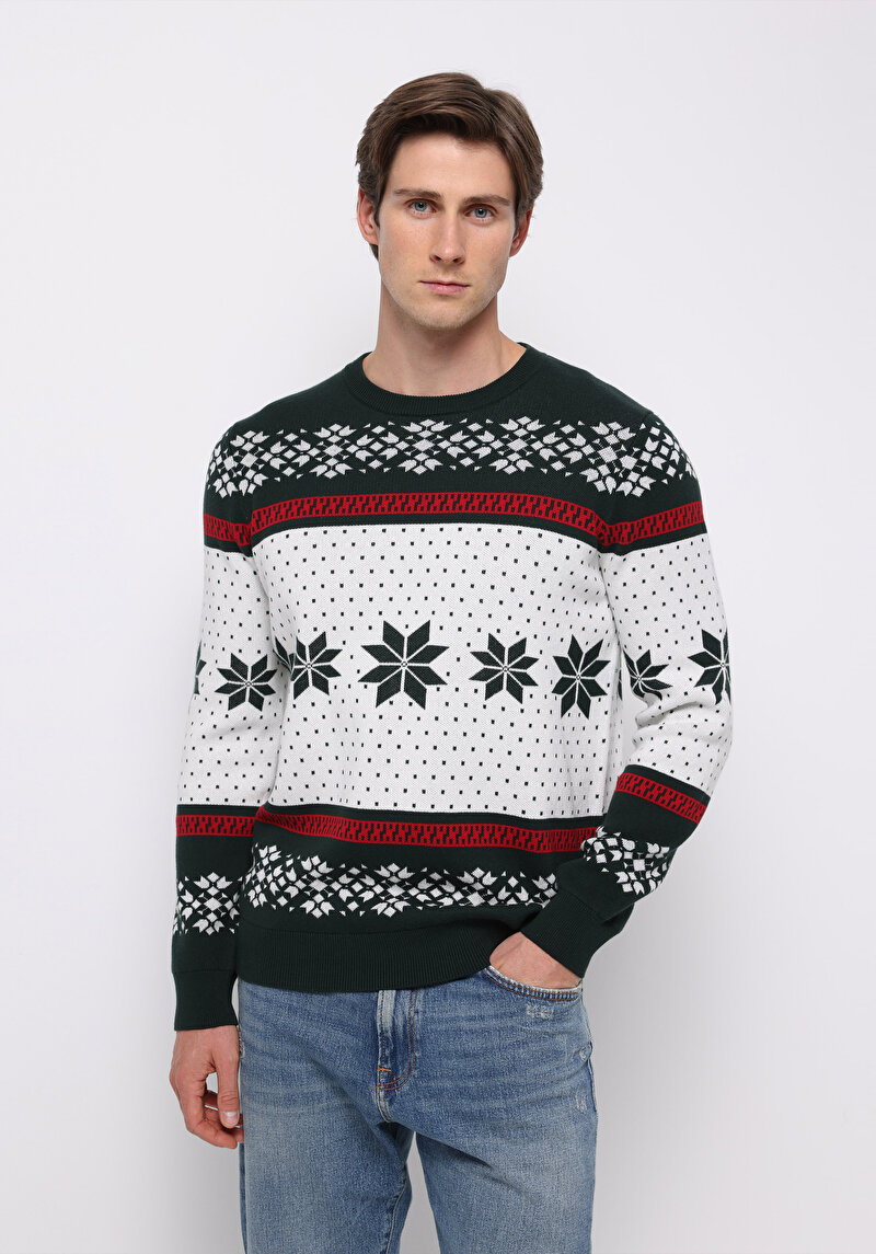 Regular Fit Yuvarlak Yaka Jakarlı Erkek Yeşil Kazak