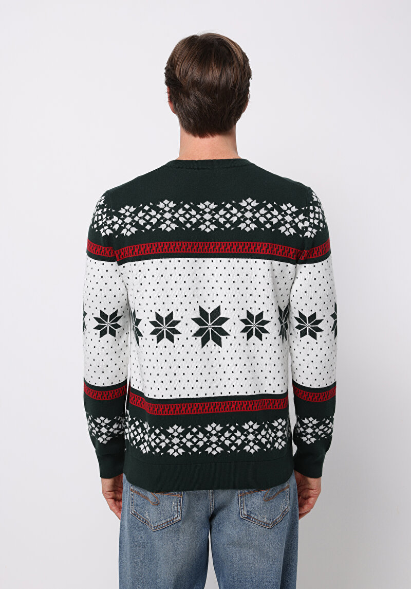 Regular Fit Yuvarlak Yaka Jakarlı Erkek Yeşil Kazak