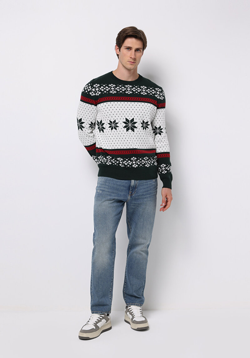 Regular Fit Yuvarlak Yaka Jakarlı Erkek Yeşil Kazak