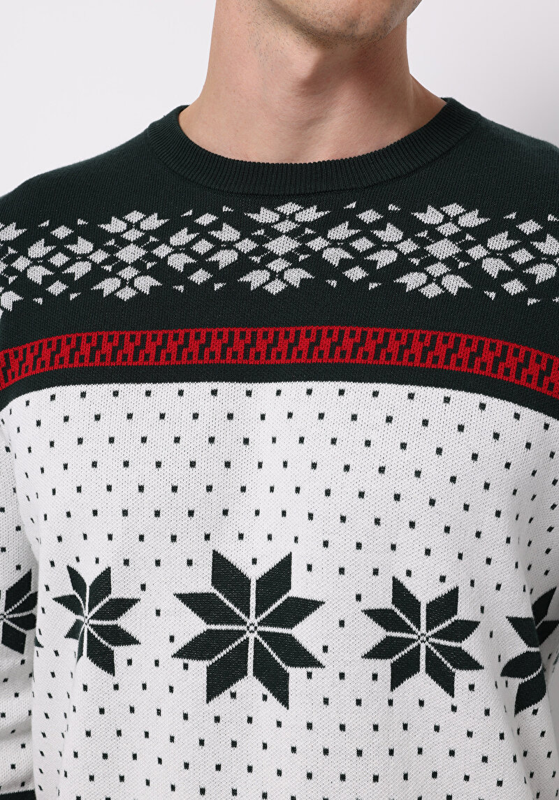 Regular Fit Yuvarlak Yaka Jakarlı Erkek Yeşil Kazak