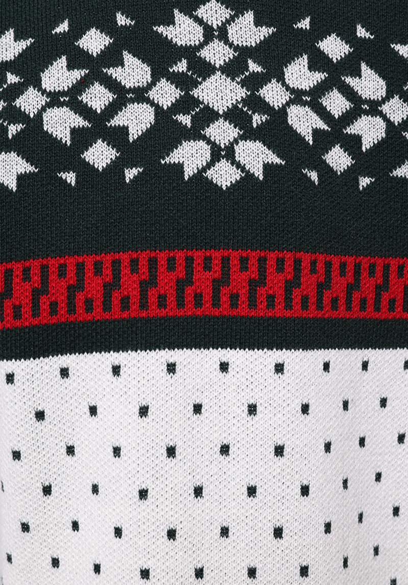 Regular Fit Yuvarlak Yaka Jakarlı Erkek Yeşil Kazak