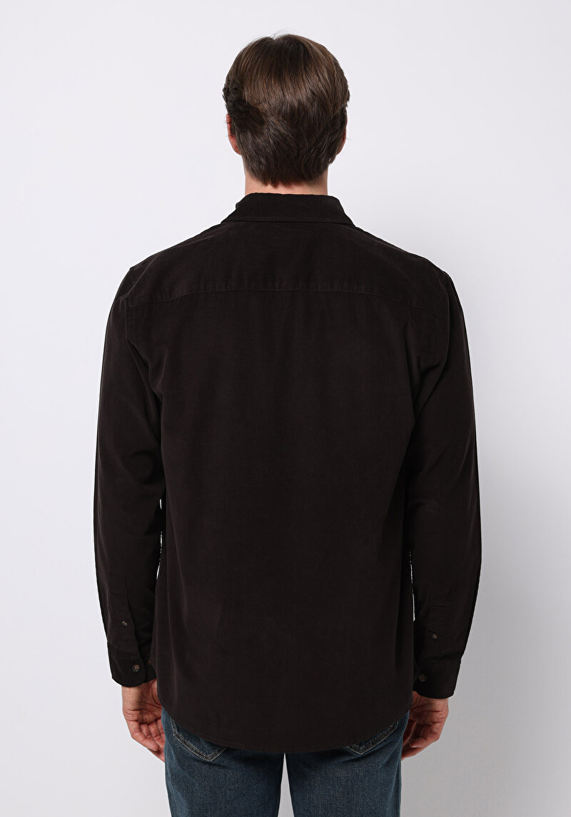 Regular Fit Shirt Neck Düz Erkek Kahverengi Uzun Kol Gömlek
