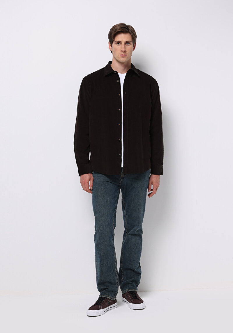 Regular Fit Shirt Neck Düz Erkek Kahverengi Uzun Kol Gömlek