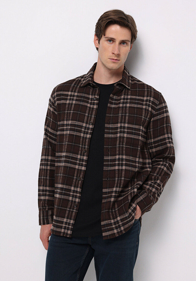 Comfort Fit Shirt Neck Ekoseli Erkek Kahverengi Uzun Kol Gömlek