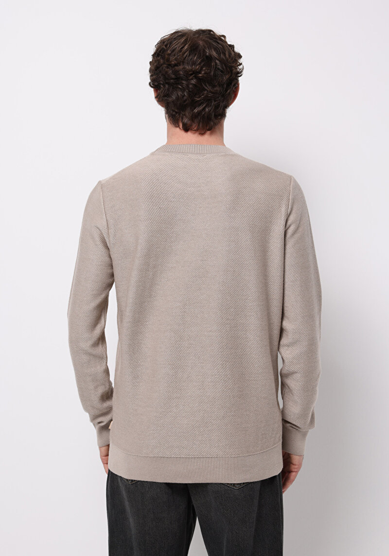 Regular Fit Yuvarlak Yaka Jakarlı Erkek Bej Kazak