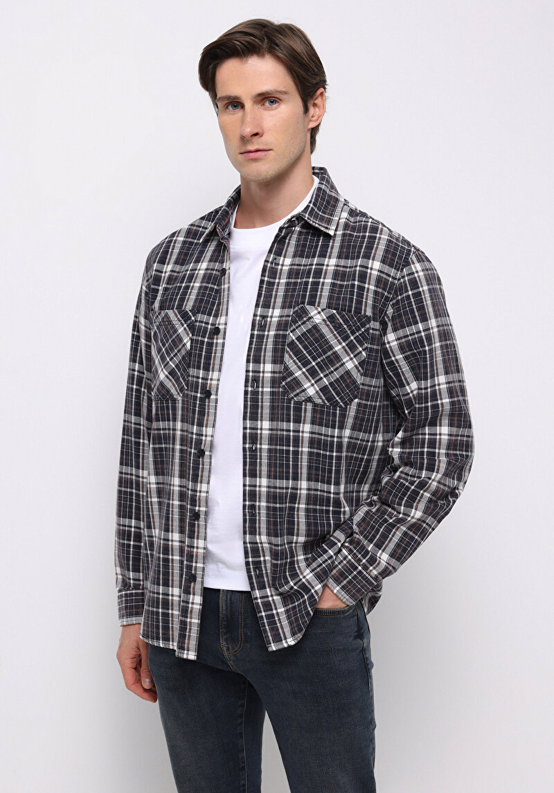 Comfort Fit Shirt Neck Ekoseli Erkek Lacivert Uzun Kol Gömlek