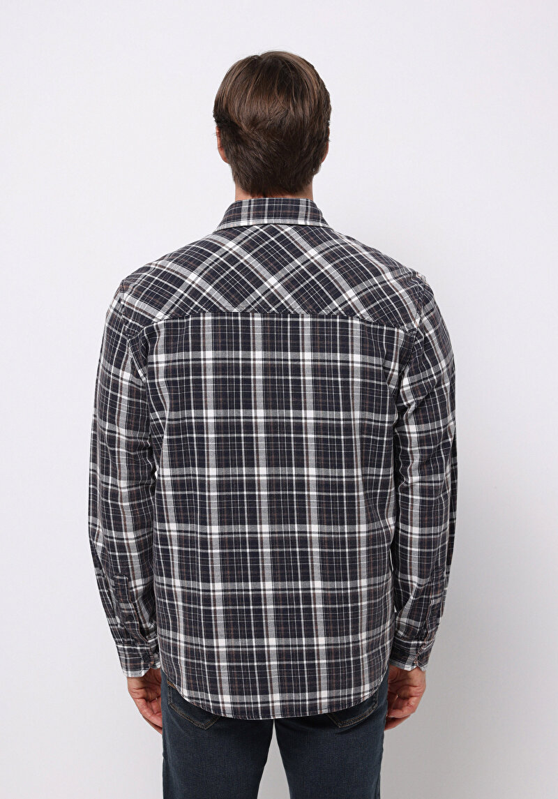 Comfort Fit Shirt Neck Ekoseli Erkek Lacivert Uzun Kol Gömlek