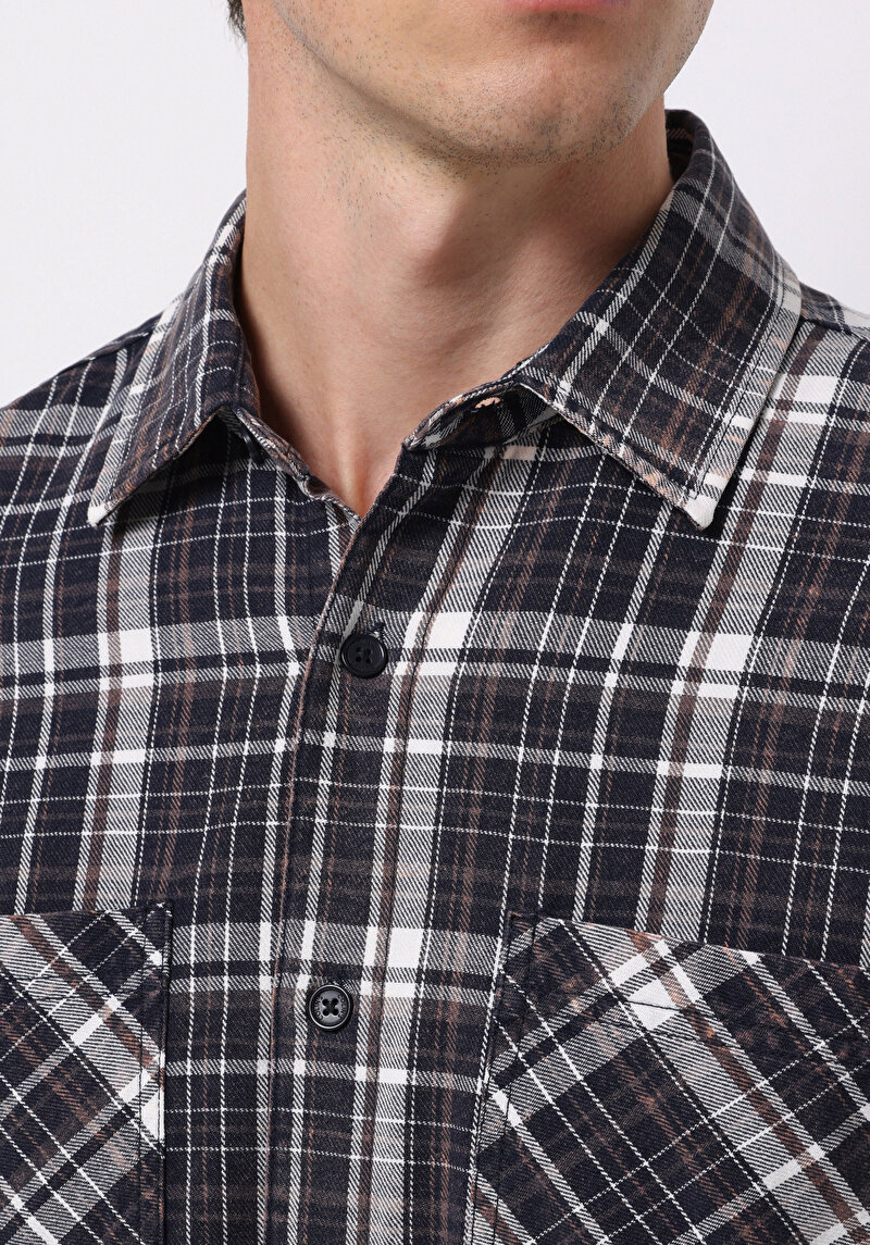 Comfort Fit Shirt Neck Ekoseli Erkek Lacivert Uzun Kol Gömlek