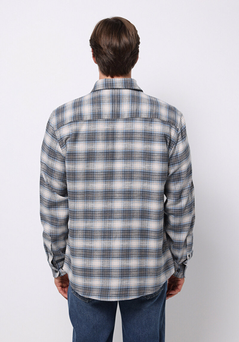 Regular Fit Shirt Neck Ekoseli Erkek Mavi Uzun Kol Gömlek